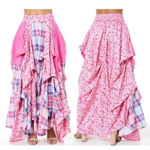 NEW TOV HOLY The Damsel's Pink Flower Plaid Flowing Maxi Skirt S M L XL MSRP 252